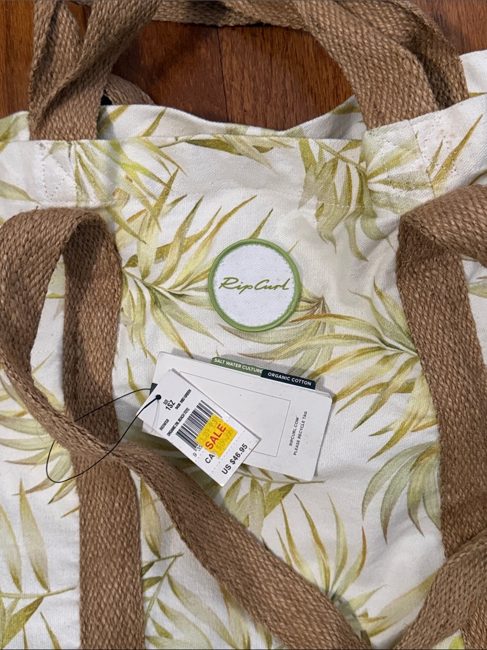Rip Curl Organic 29L White Beach Tote with Pale Green Tropical Leaf NWT - Picture 6 of 10
